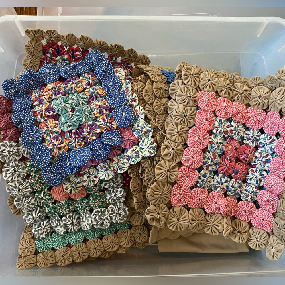 Handmade Yo-Yo Quilt Blocks - Multicolor Floral, some with border